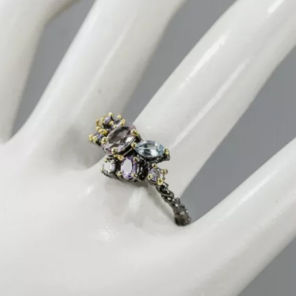 Amethyst Tanzanite & Aquamarine cluster Sterling ring sz 9 - Picture 8 of 9